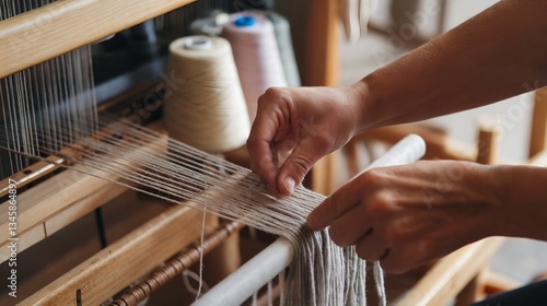 Hands weave threads on a loom to fabricate fabric, highlighting the crafting process. Soft colored spools of yarn sit in the background.