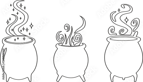 Three Black and White Cartoon Witch's Cauldrons with Magical Steam. Halloween. Coloring. Line art.