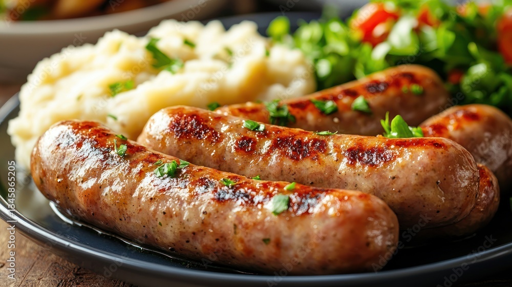 Grilled sausages served on a plate with mashed potatoes and salad Grilled sausages served on a plate with mashed potatoes and salad