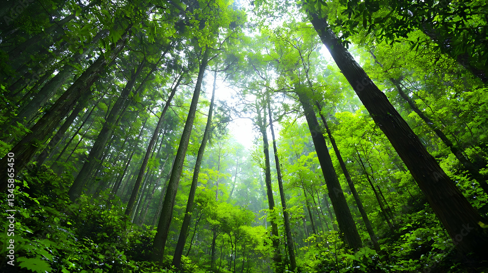 Lush Green Forest Canopy With Tall Trees Reaching Toward Bright Sunlight Through Dense Foliage Lush Green Forest Canopy With Tall Trees Reaching Toward Bright Sunlight Through Dense Foliage