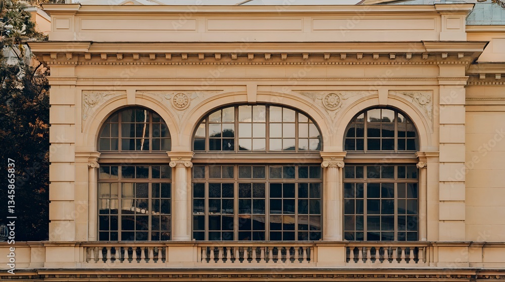 Obraz premium Uploaded to Adobe Stock, a pale stone window is arched and decorative. The element's timeless look is surrounded by lush greenery.
