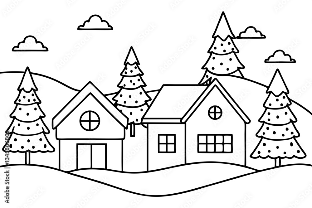 Fototapeta premium christmas charming countryside line art silhouette vector illustration