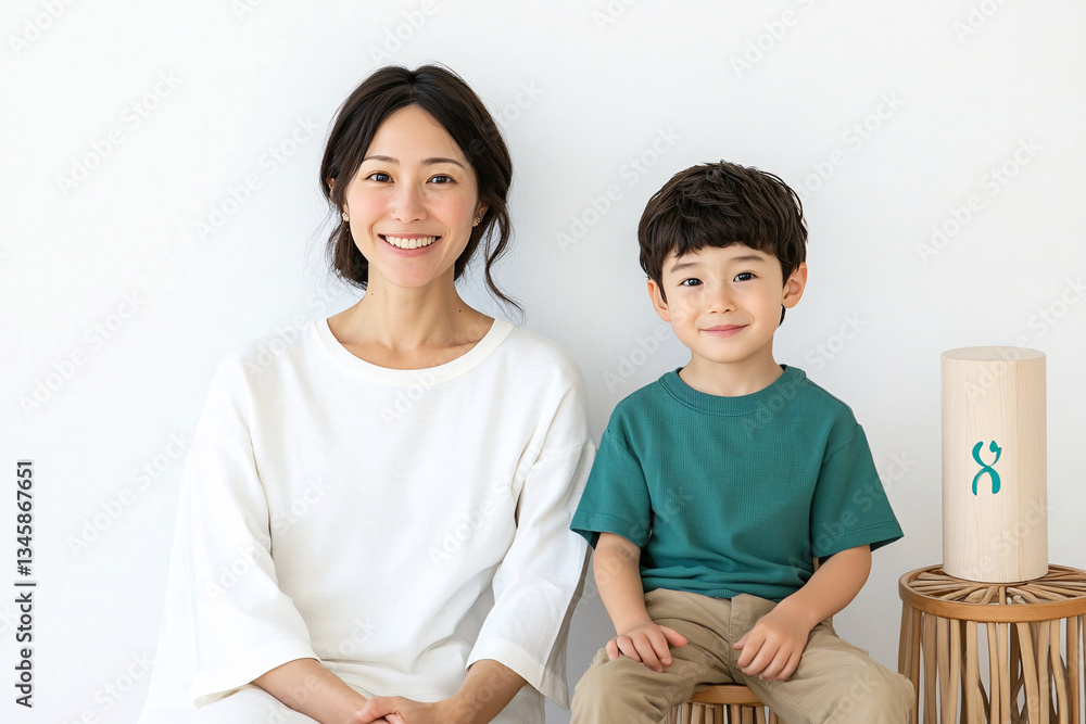 Studio Portrait of a Happy Asian Mother and Daughter: A Family Concept Featuring a Japanese Young Mother and Her Cute Son Interacting and Smiling in Front of a Plain White Background Studio Portrait of a Happy Asian Mother and Daughter: A Family Concept Featuring a Japanese Young Mother and Her Cute Son Interacting and Smiling in Front of a Plain White Background