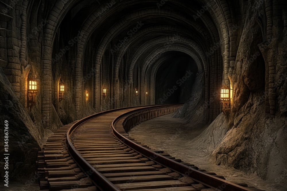 Naklejka premium A Steamrunner adventure map, featuring a sprawling world of interconnected train tracks, hidden underground tunnels, and mechanical landmarks