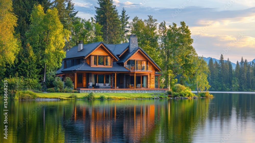 Obraz premium A house with a view of a lake, waterfront property, real estate concept