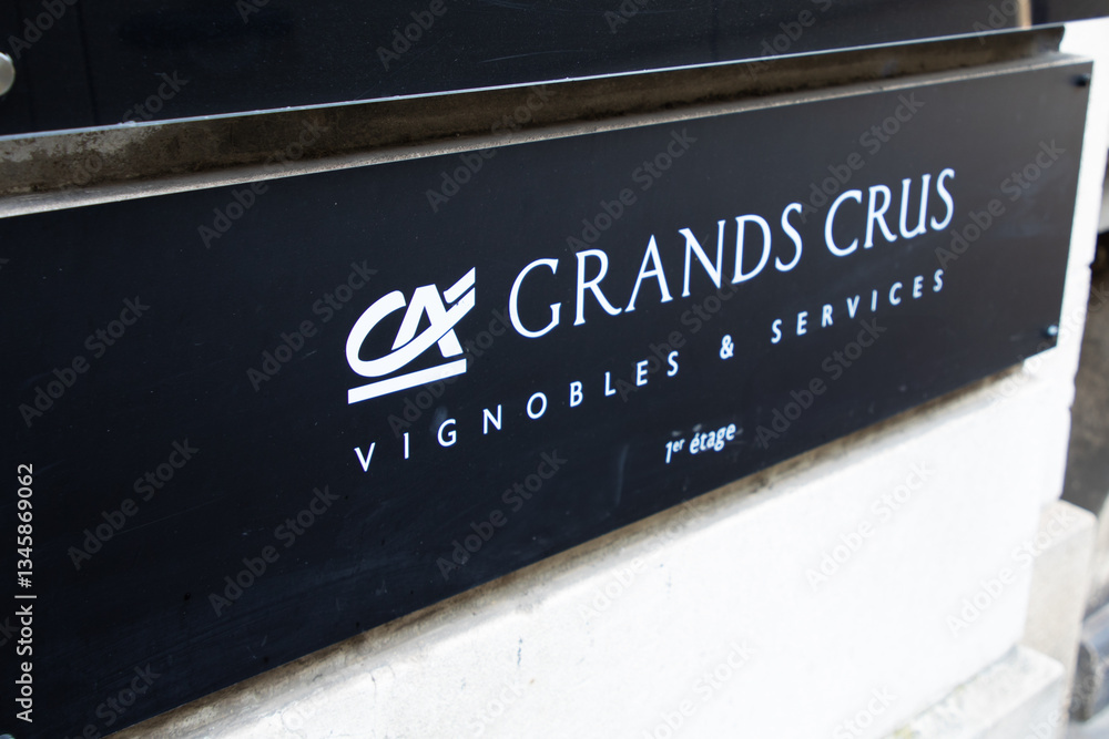 Naklejka premium ca grands crus credit agricole sign logo and text brand on french bank agency facade office specialized vineyards wines invest