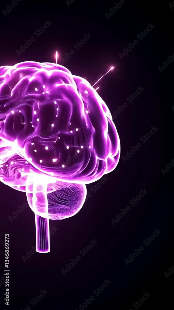 Bright purple brain illustration showing neural connections and electric signals in a dark background Bright purple brain illustration showing neural connections and electric signals in a dark background