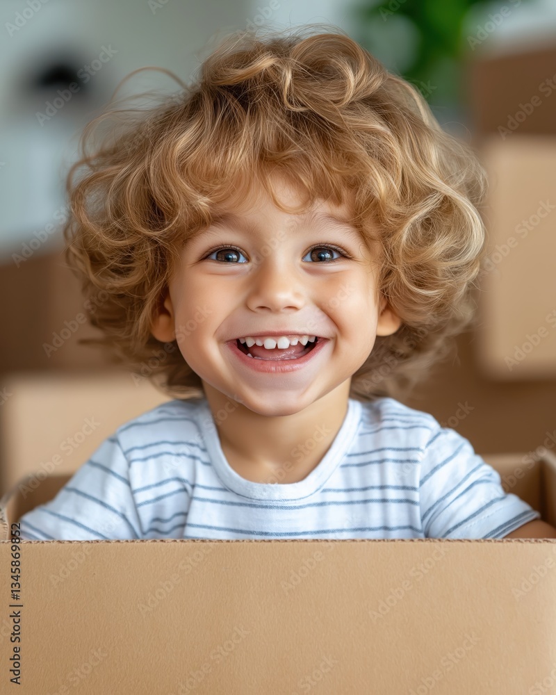 Happy boy enjoys playing in a cardboard box in a cozy new living room filled with moving boxes Happy boy enjoys playing in a cardboard box in a cozy new living room filled with moving boxes