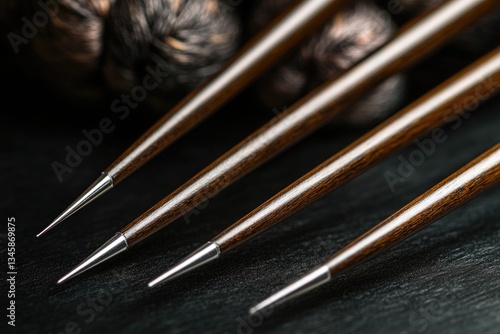 A collection of knitting needles arranged on a table, great for crafts and DIY projects