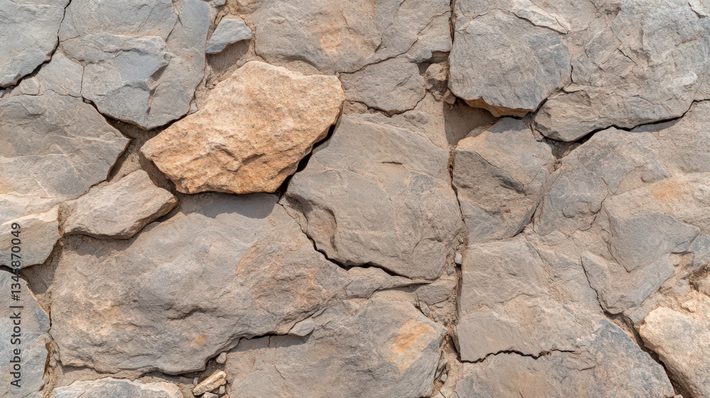 Fototapeta premium Weathered Stone Wall Texture: Gray and Beige Rock Surface with Cracks