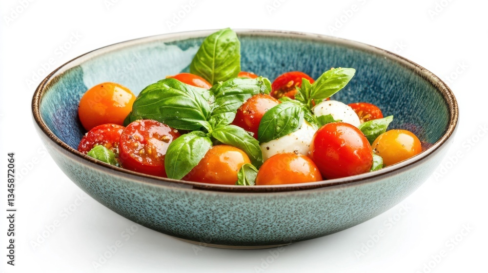 Fresh Cherry Tomatoes with Basil Leaves in a Blue Bowl Fresh Cherry Tomatoes with Basil Leaves in a Blue Bowl