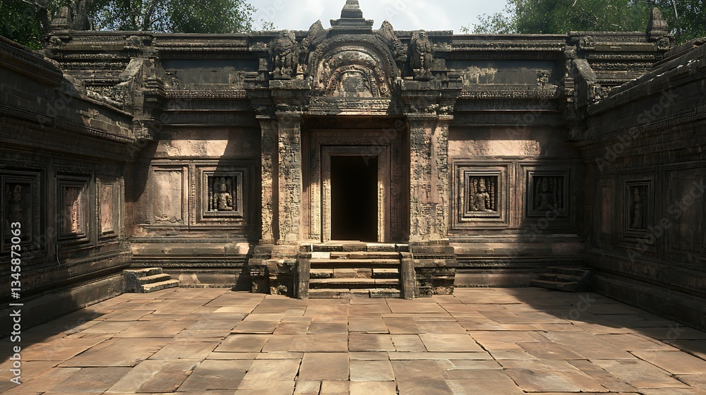 Fototapeta premium Ancient temple facade with courtyard, entry open, stone structure, cultural site, sunny day