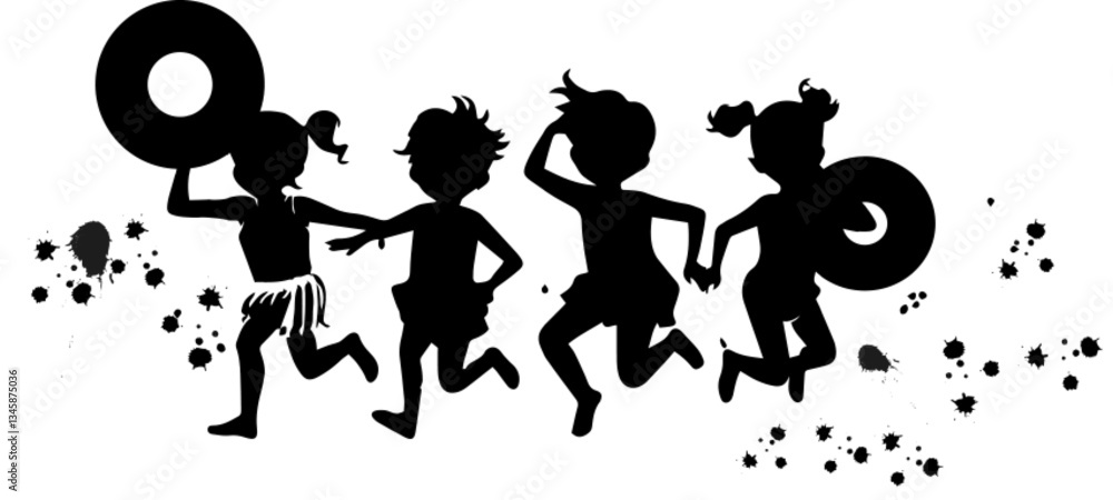 vector silhouettes of children on the beach