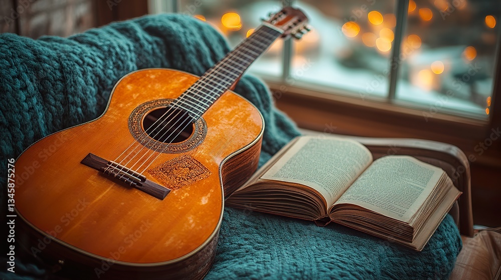 Fototapeta premium An acoustic guitar rests near an open book on a chair
