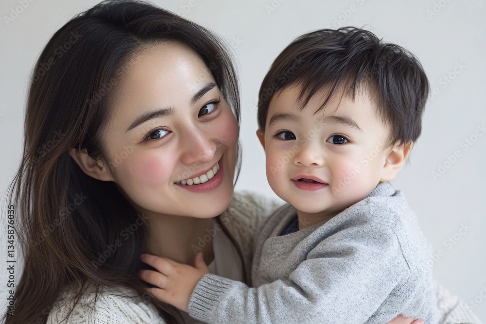 Studio Portrait of a Happy Asian Mother and Daughter: A Family Concept Featuring a Japanese Young Mother and Cute Son Interacting and Smiling in Front of a Plain White Background Studio Portrait of a Happy Asian Mother and Daughter: A Family Concept Featuring a Japanese Young Mother and Cute Son Interacting and Smiling in Front of a Plain White Background