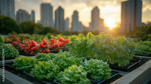 Wallpaper Mural Urban rooftop garden at sunset with fresh green lettuce, tomatoes, and herbs growing in containers against city skyscrapers. Sustainable agriculture in urban settings. Banner. Copy space Torontodigital.ca