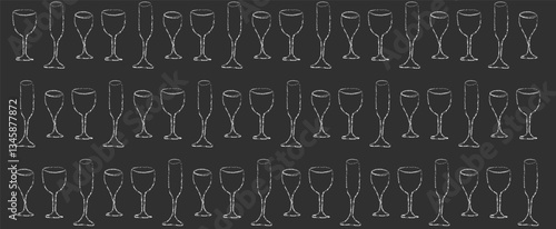 Chalk drawing of wine glass pattern. Vintage doodle black mediterranean dinner illustration with biodynamic cocktail. Crayon outline art and sketch painting. Creative presentation for local club.