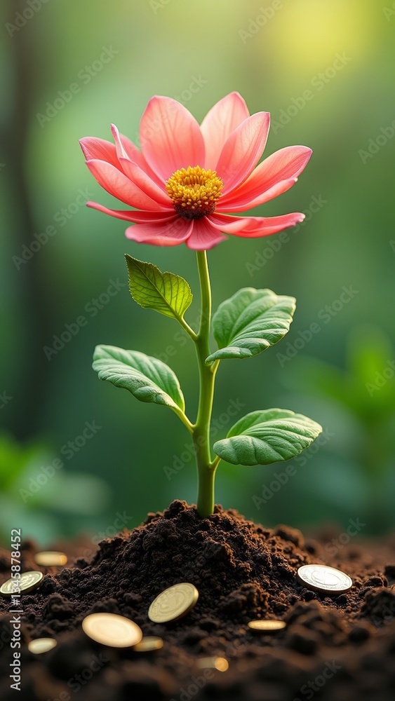 A small plant sprouting from the ground, with a single flower and green leaves A small plant sprouting from the ground, with a single flower and green leaves