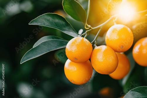 Kumquat fruits dangle from branches in an organic garden bathed in warm sunlight