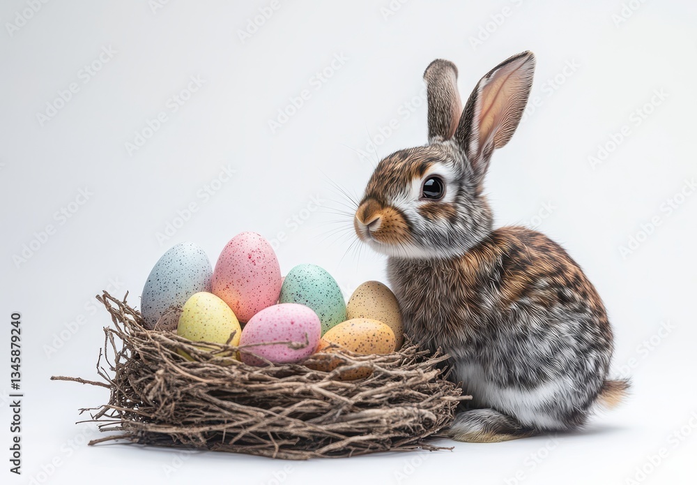 Cute rabbit beside colorful Easter eggs in a nest on a white background for spring celebration, holiday decoration, and festive season imagery Cute rabbit beside colorful Easter eggs in a nest on a white background for spring celebration, holiday decoration, and festive season imagery