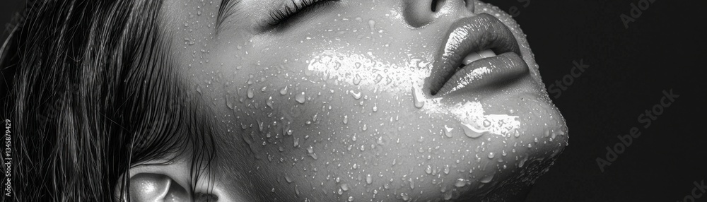 Fototapeta premium Discover luminous skin with this captivating monochrome beauty shot, showcasing a model's radiant complexion enhanced by a glossy moisturizing face mask Experience modern aesthetics in skincare