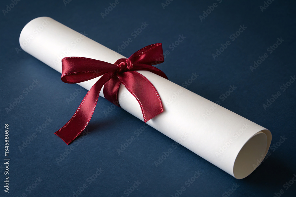 Rolled diploma tied with a red satin ribbon on dark blue background, graduation concept Rolled diploma tied with a red satin ribbon on dark blue background, graduation concept