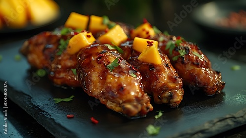 Wallpaper Mural A gourmet restaurant plating of mango habanero glazed fried chicken wings, beautifully arranged on a black slate plate, garnished with fresh diced mango and red chili flakes, soft moody lighting, Torontodigital.ca