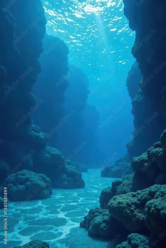 Fototapeta premium Abstract deep blue water, ethereal underwater landscape, image, subtle