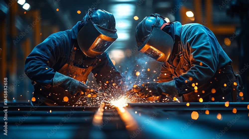 Industrial Welders Working with Sparks Flying in a Factory Workshop Industrial Welders Working with Sparks Flying in a Factory Workshop