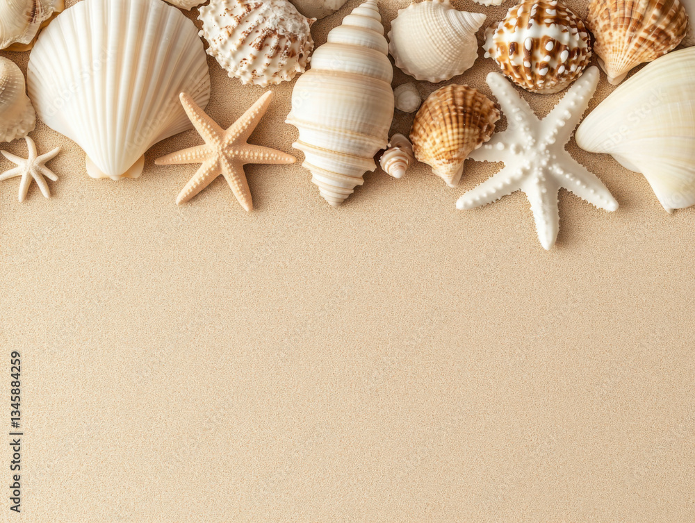 Top view of a sandy beach with collection of exotic seashells and starfish Top view of a sandy beach with collection of exotic seashells and starfish