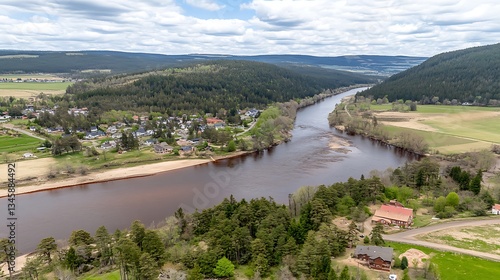 Wallpaper Mural River Bend Aerial View for Rural Village, Spring. Torontodigital.ca
