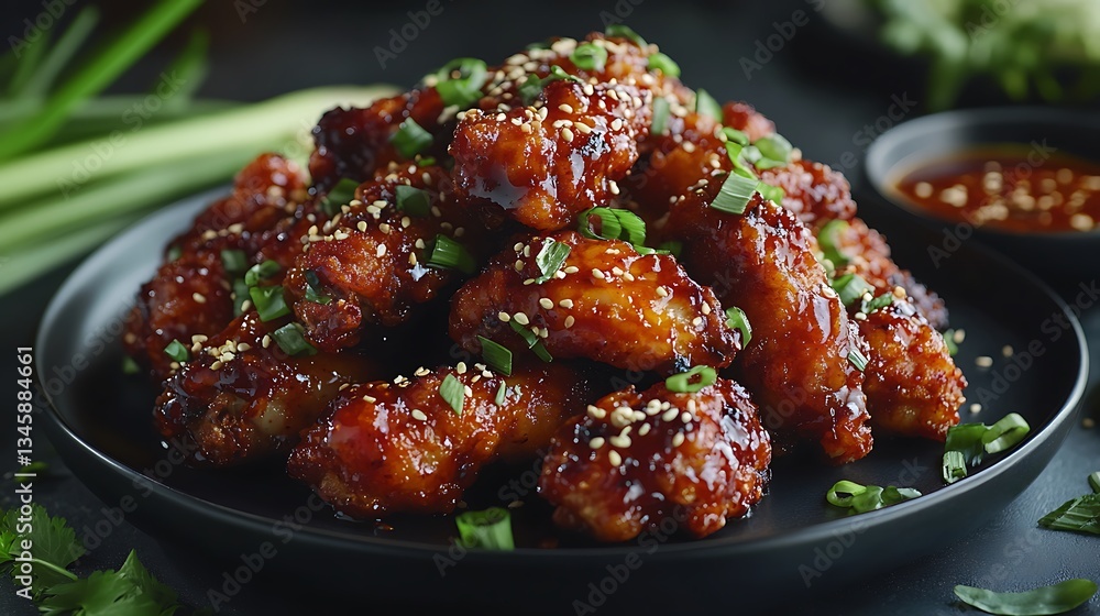 A luxurious fine-dining take on Korean fried chicken, plated on a sleek black ceramic dish with artistic gochujang sauce drizzles, fresh scallions, and a side of garlic soy dipping sauce, A luxurious fine-dining take on Korean fried chicken, plated on a sleek black ceramic dish with artistic gochujang sauce drizzles, fresh scallions, and a side of garlic soy dipping sauce,