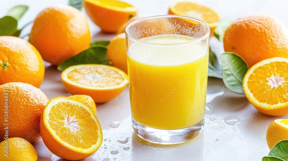 Bright Orange Juice And Fresh Oranges On White Table Bright Orange Juice And Fresh Oranges On White Table