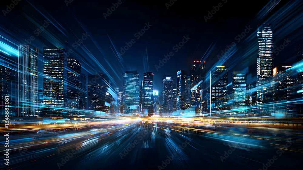 Naklejka premium Dynamic Cityscape At Night With Glowing Lights Trails