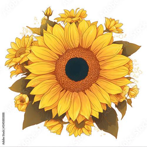 .Illustration of trees, leaves, grass and various botanical elements on a white background.