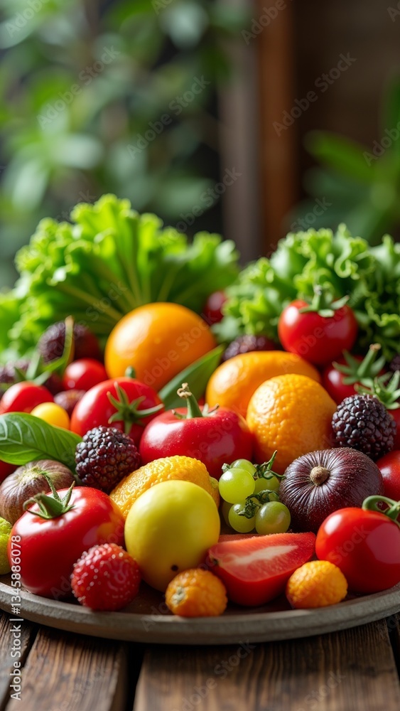 A colorful arrangement of fresh fruits and vegetables A colorful arrangement of fresh fruits and vegetables