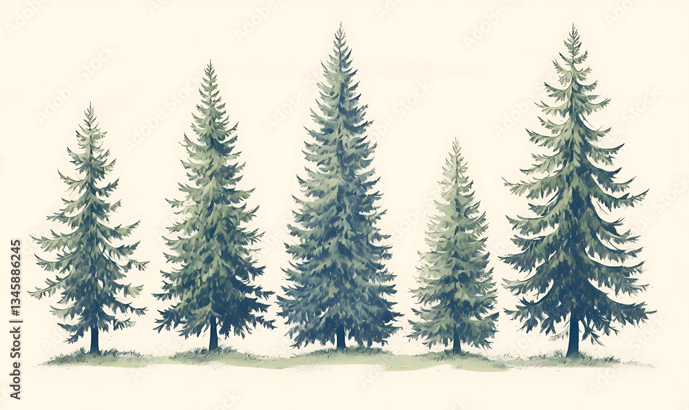 Obraz premium .Illustration of trees, leaves, grass and various botanical elements on a white background.