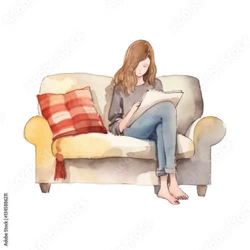 watercolors Cute woman reading book on sofa illustration