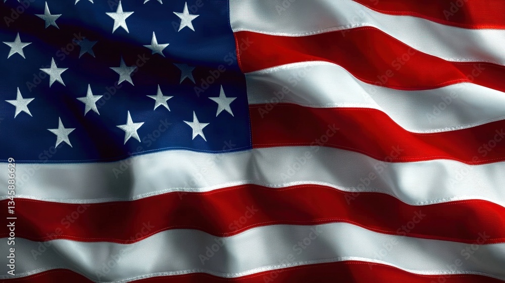 Naklejka premium A detailed close-up of the American flag, showcasing vibrant colors and texture in the fabric, emphasizing patriotism and national pride.