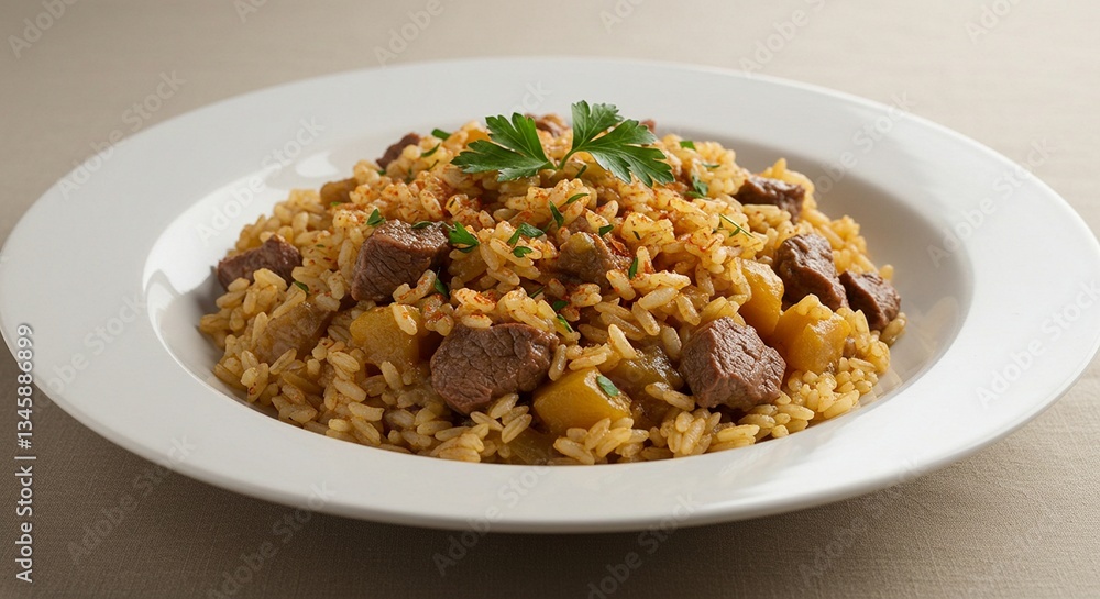 Delicious Beef and Rice Dish with Vegetables on a White Plate Delicious Beef and Rice Dish with Vegetables on a White Plate