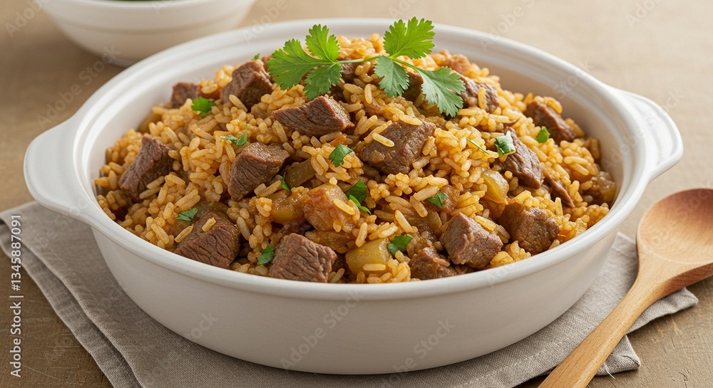 Delicious Rice and Beef Dish Served in Bowl with Cilantro Garnishing Delicious Rice and Beef Dish Served in Bowl with Cilantro Garnishing