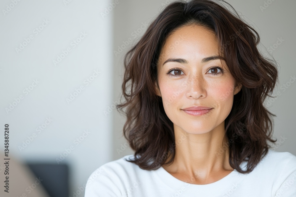 authentic portrait of 40 years old beautiful asian woman in white jersey at home, closeup, women's health authentic portrait of 40 years old beautiful asian woman in white jersey at home, closeup, women's health