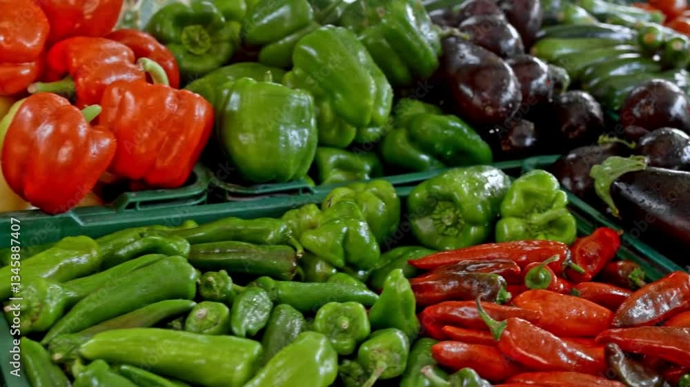 Fresh red and green peppers and chili peppers at the market Fresh red and green peppers and chili peppers at the market