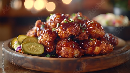 A rustic wooden platter piled high with crispy buttermilk-fried chicken, drizzled with a rich, tangy barbecue sauce, served with a side of pickles and coleslaw, warm ambient lighting,
