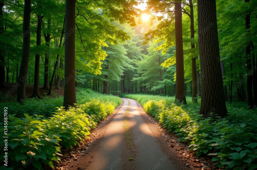 Obraz premium A serene forest scene with a winding path and lush greenery