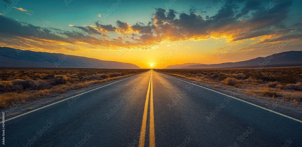 Naklejka premium Endless Road to Golden Sunset: A Journey's Promise