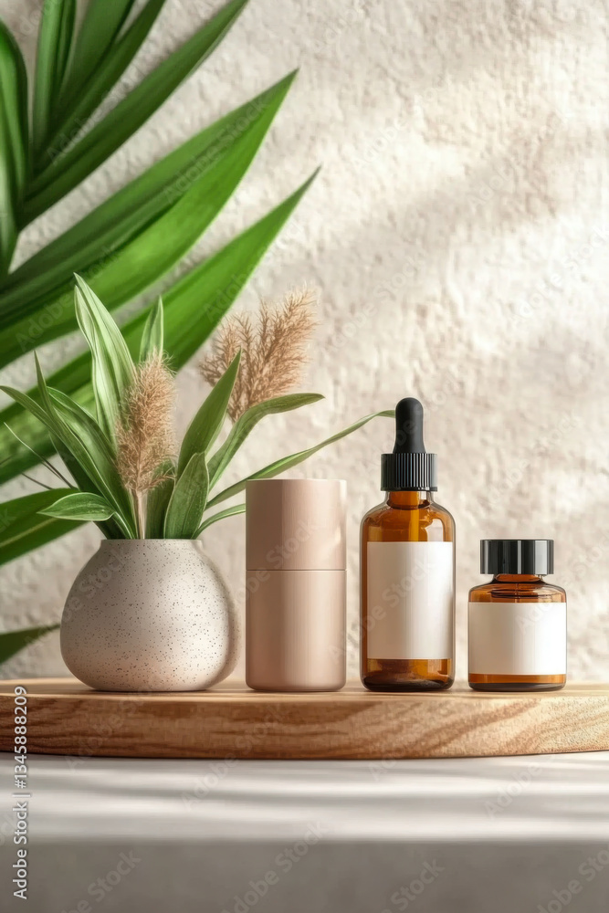 Stylish display of skincare bottles and a decorative plant Stylish display of skincare bottles and a decorative plant