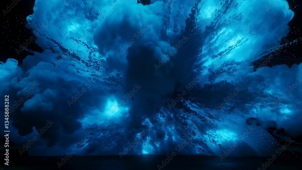 Blue explosion motion footage. Abstract bursting cloud clip. Energy shockwave with particles for VFX design element. Powder blast footage for special effects and overlays.