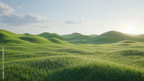 Rolling green hills with grass under a soft blue sky