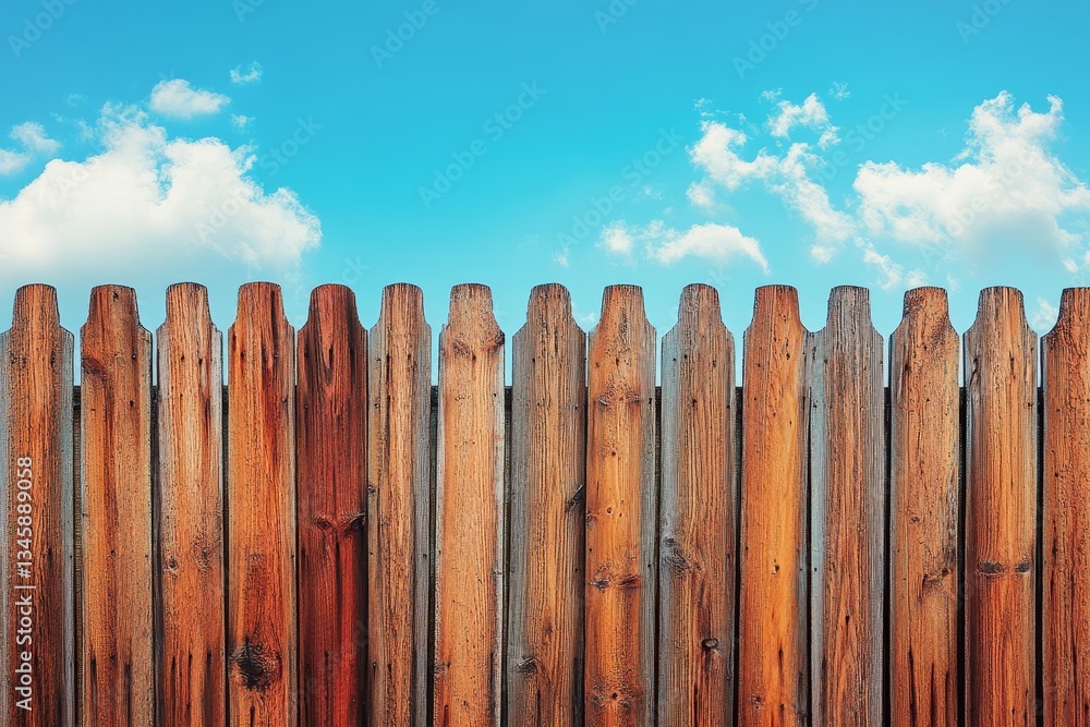 Fototapeta premium wooden fence for the whole image, outdoor, blue sky, copy space, mock up, banner